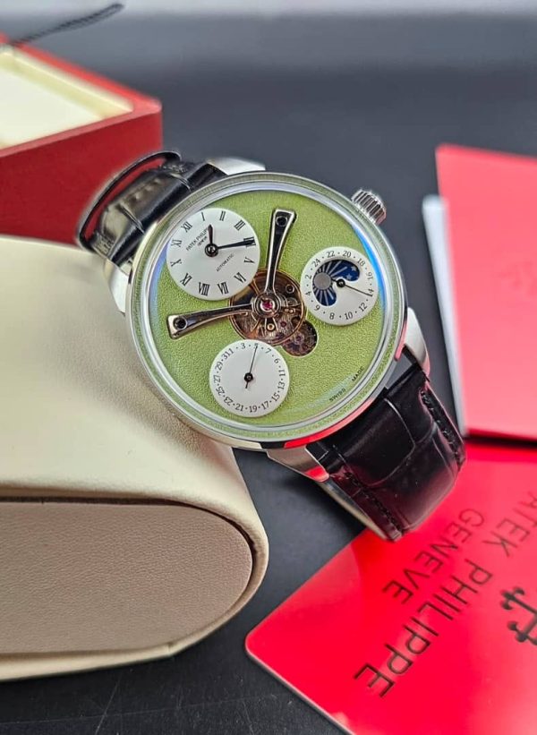 Black Leather Strap Lemon Green Face Patek Philippe Mens Watch