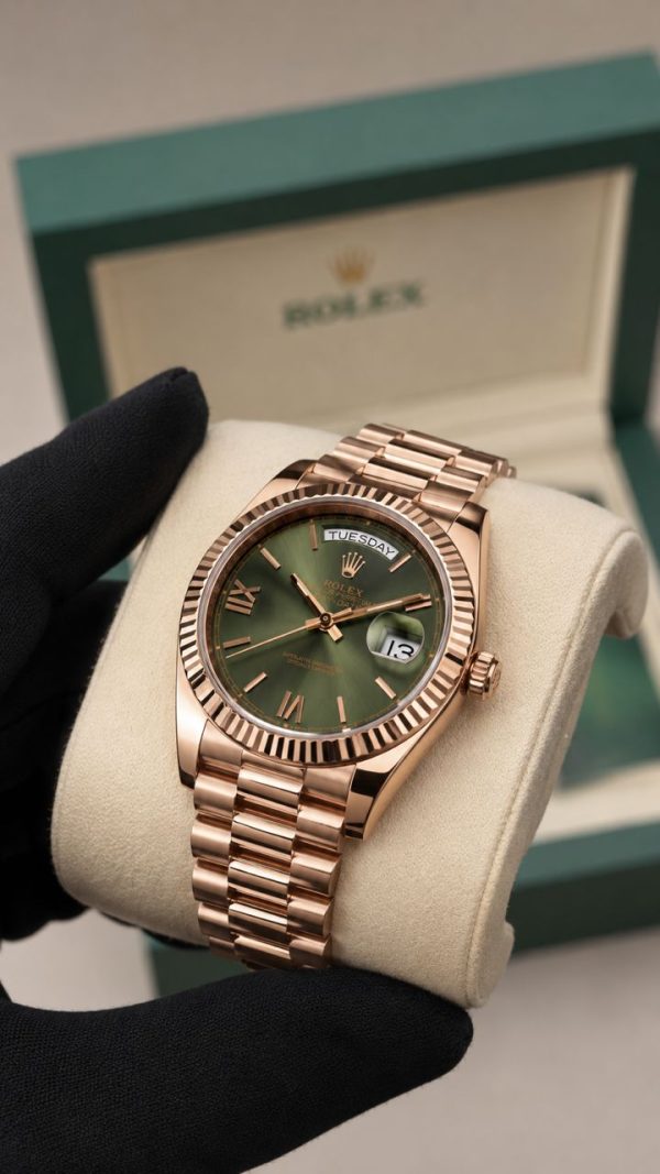 Rolex Green Face Day Date Rose Gold Bracelet Strap Mens Watch
