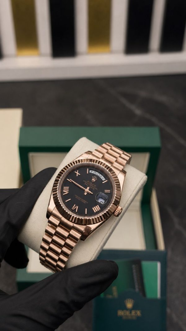Rolex Dark Chocolate Face Day Date Rose Gold Bracelet Strap Mens Watch