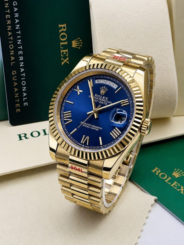 Rolex Blue Face Day Date Yellow Gold Bracelet Strap Mens Watch