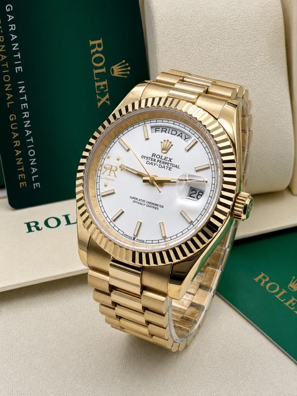 Rolex White Face Day Date Yellow Gold Bracelet Strap Mens Watch