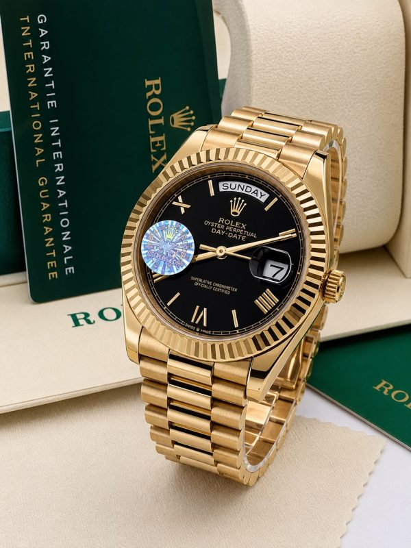 Rolex Black Face Day Date Yellow Gold Bracelet Strap Mens Watch