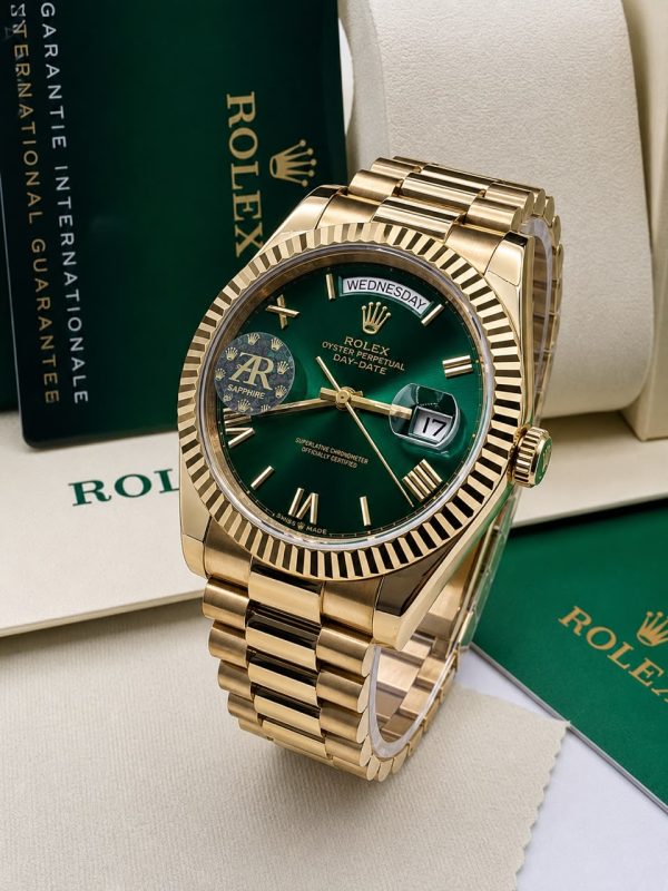 Rolex Green Face Day Date Yellow Gold Bracelet Strap Mens Watch