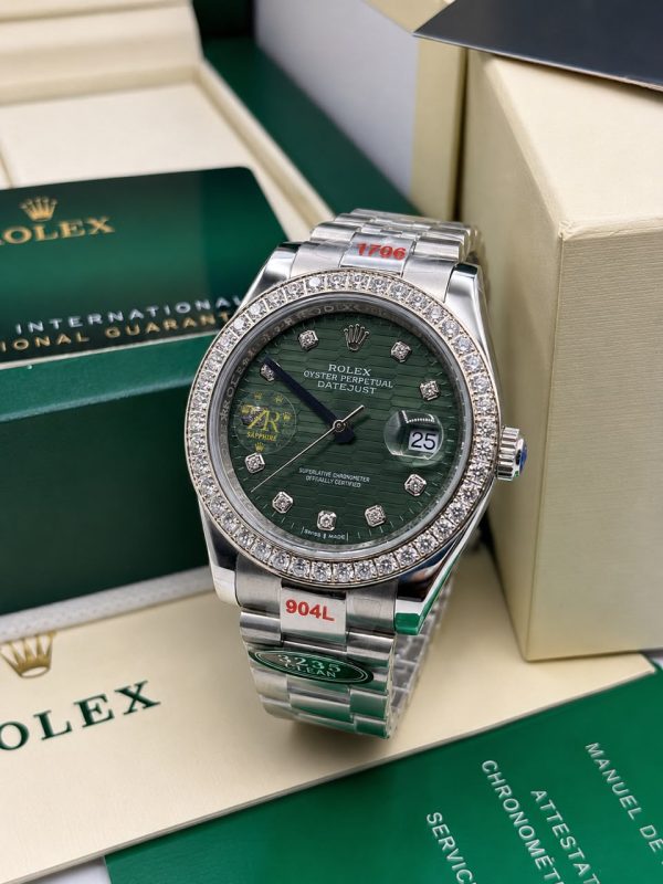 Silver Bracelet Deep Green face day date Rolex stoned watch