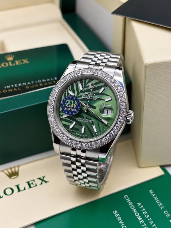 Silver Bracelet Green Leaf face day date Rolex stoned watch