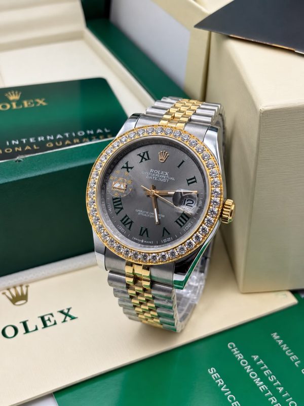Two Tone Roman Numeral day date Rolex stoned watch