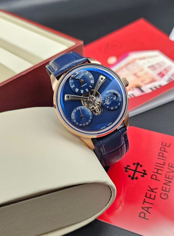 Black Leather Strap Blue Face Patek Philippe Mens Watch