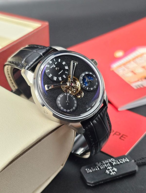 Black Leather Strap Black Face Silver Body Patek Philippe Mens Watch