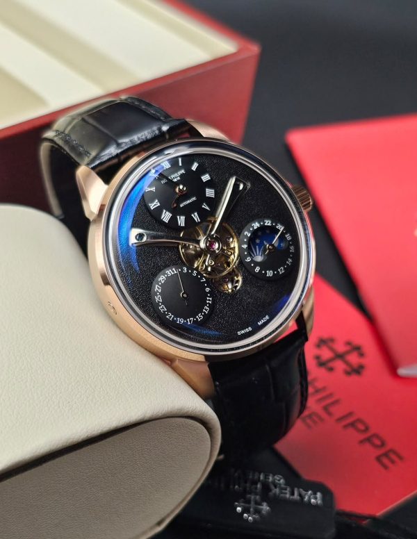 Black Leather Strap Black Face Gold Body Patek Philippe Mens Watch