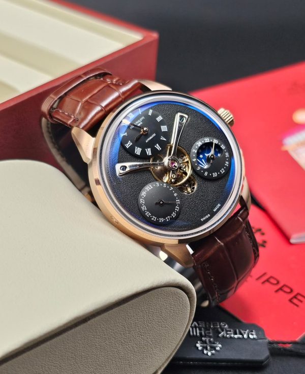 Brown Leather Strap Black Face Gold Body Patek Philippe Mens Watch